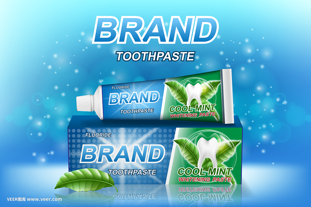 薄荷牙膏廣告。牙齒模型和產(chǎn)品包裝設(shè)計的牙科保健海報或廣告。3 d矢量圖
